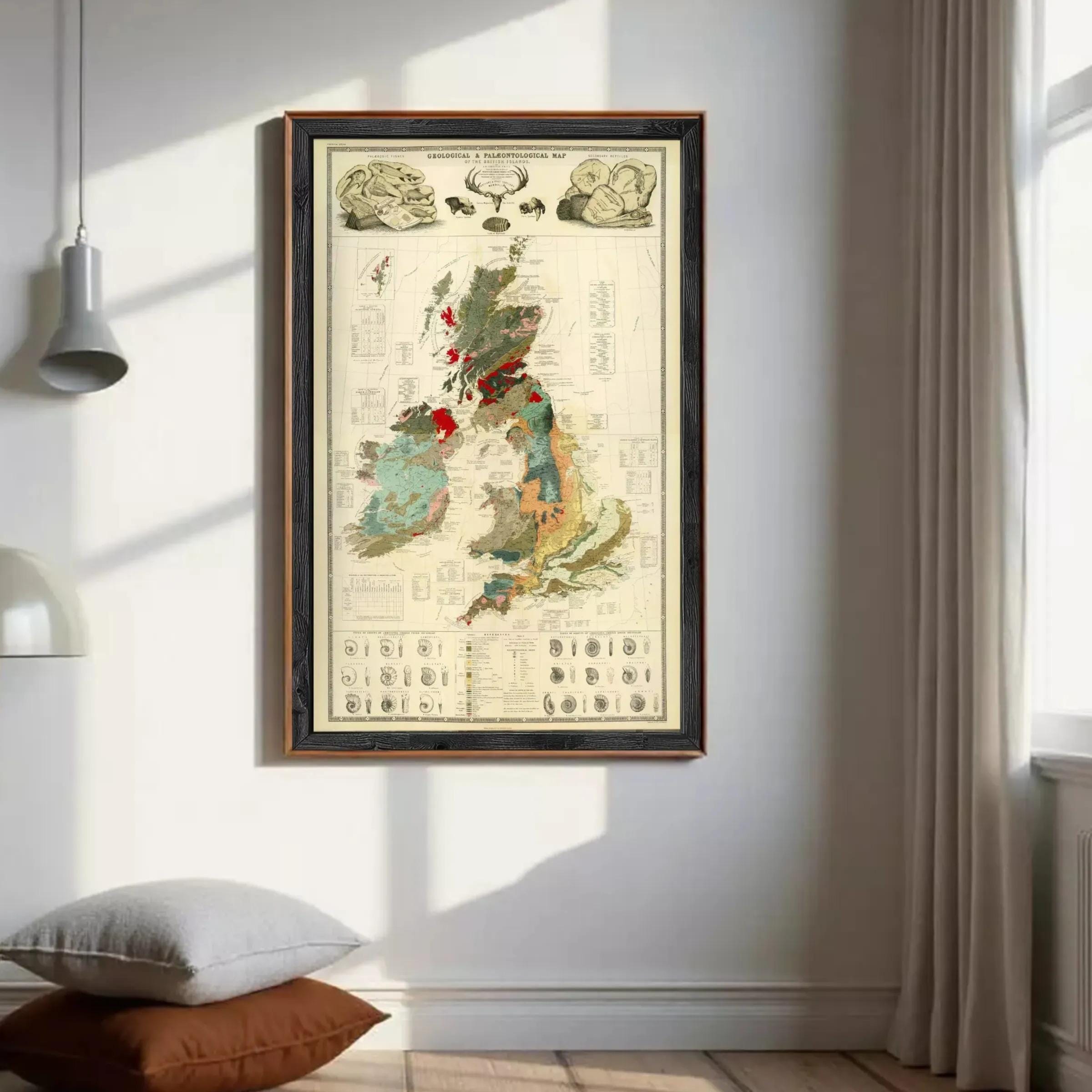 The image is a framed geological map of the United Kingdom, depicting various geological features and data.