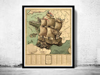 Old Map of France represented under the form of a ship 1796  | Vintage Map Wall Art Print