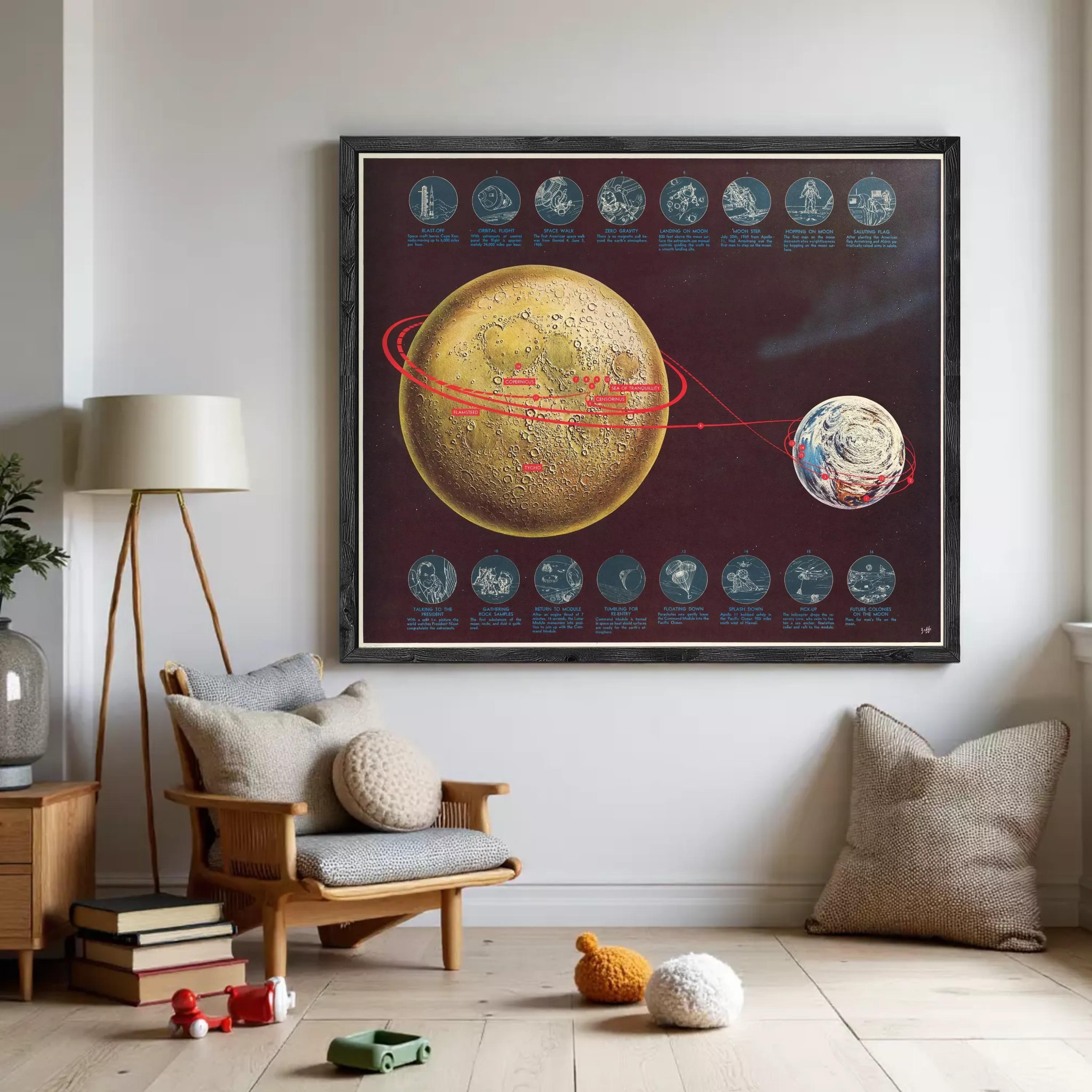 The image is a framed poster depicting various celestial bodies, including the moon, Earth, and other planets, along with their respective images.