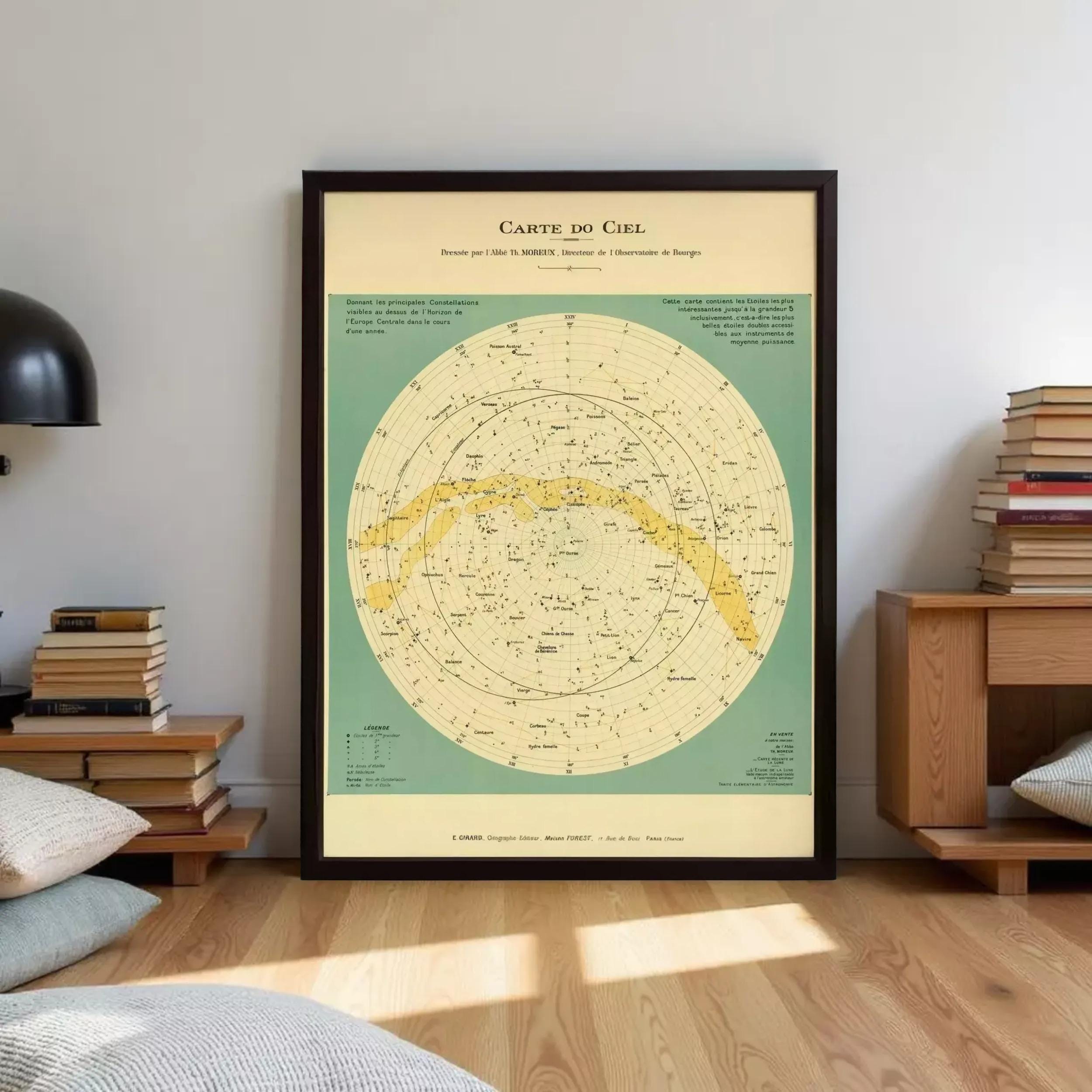 The image is a framed vintage star map of the night sky, depicting various celestial objects and their relative positions.