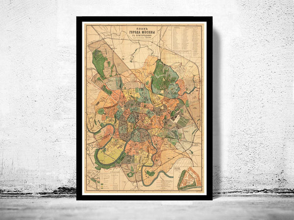 Old Map of Moscow  Russia 1910 vintage Map | Vintage Map Wall Art Print