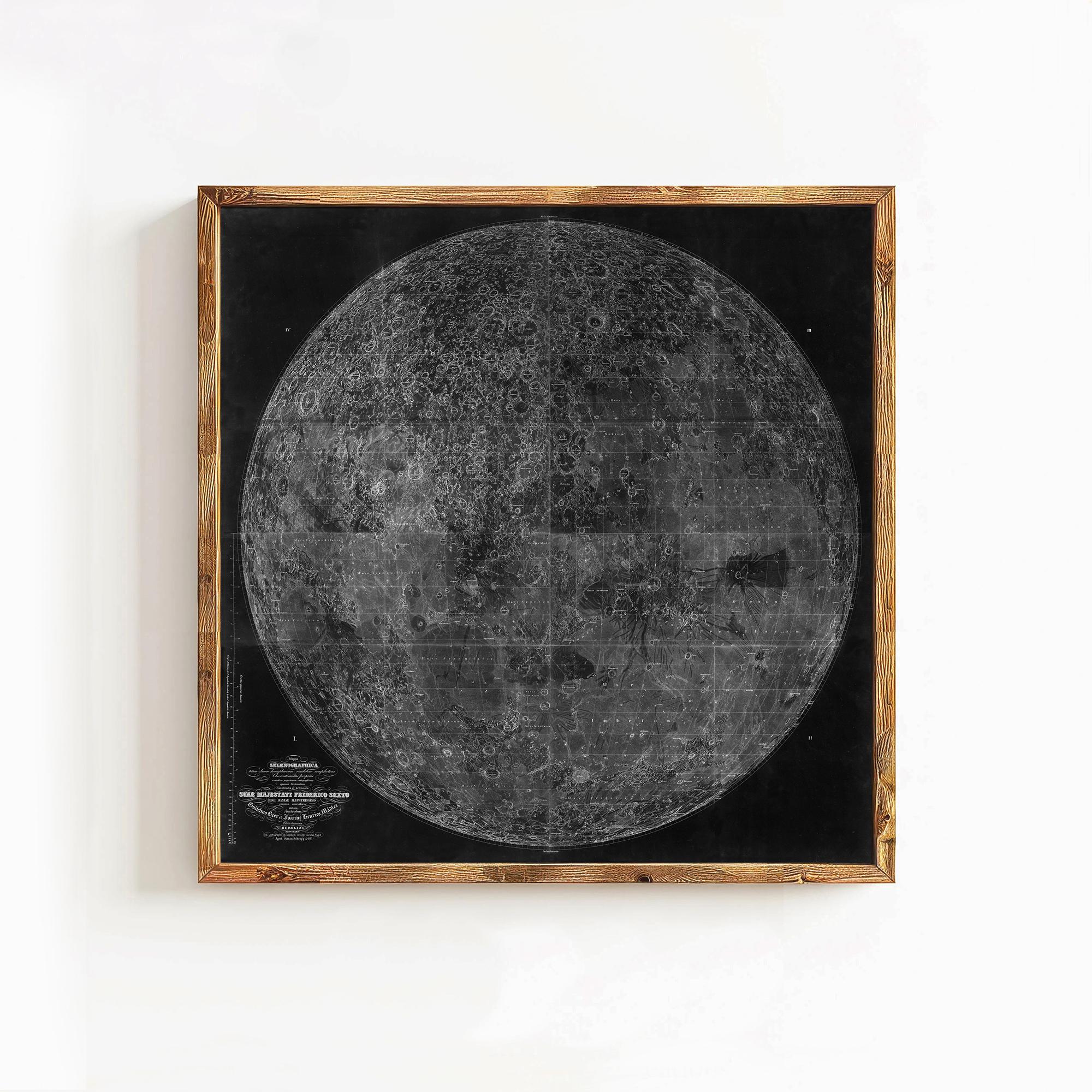 The image is a framed print depicting a detailed map of the moon.