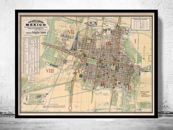 Old Map of Mexico City 1886 Vintage Map | Vintage Map Wall Art Print