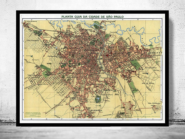 Old Map of São Paulo Brasil 1913 Vintage  | Vintage Map Wall Art Print