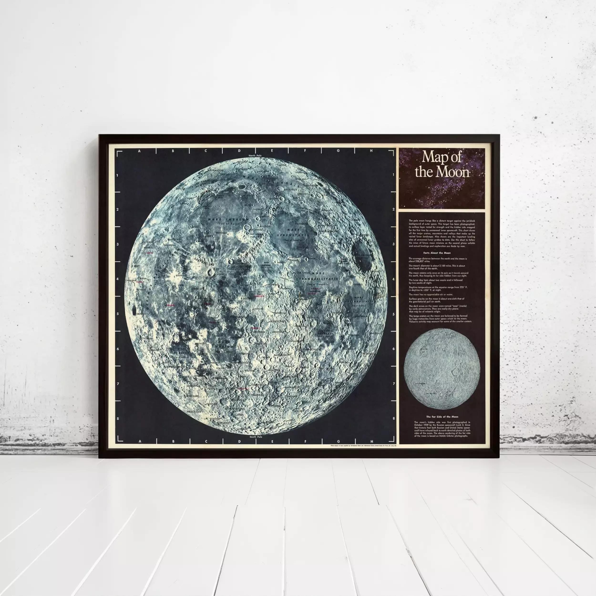 The image is a framed poster depicting a detailed map of the moon, with a caption that reads "Map of the Moon".