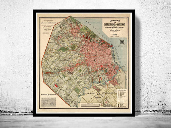 Old Map of Buenos Aires Argentina 1909 Vintage Map | Vintage Map Wall Art Print