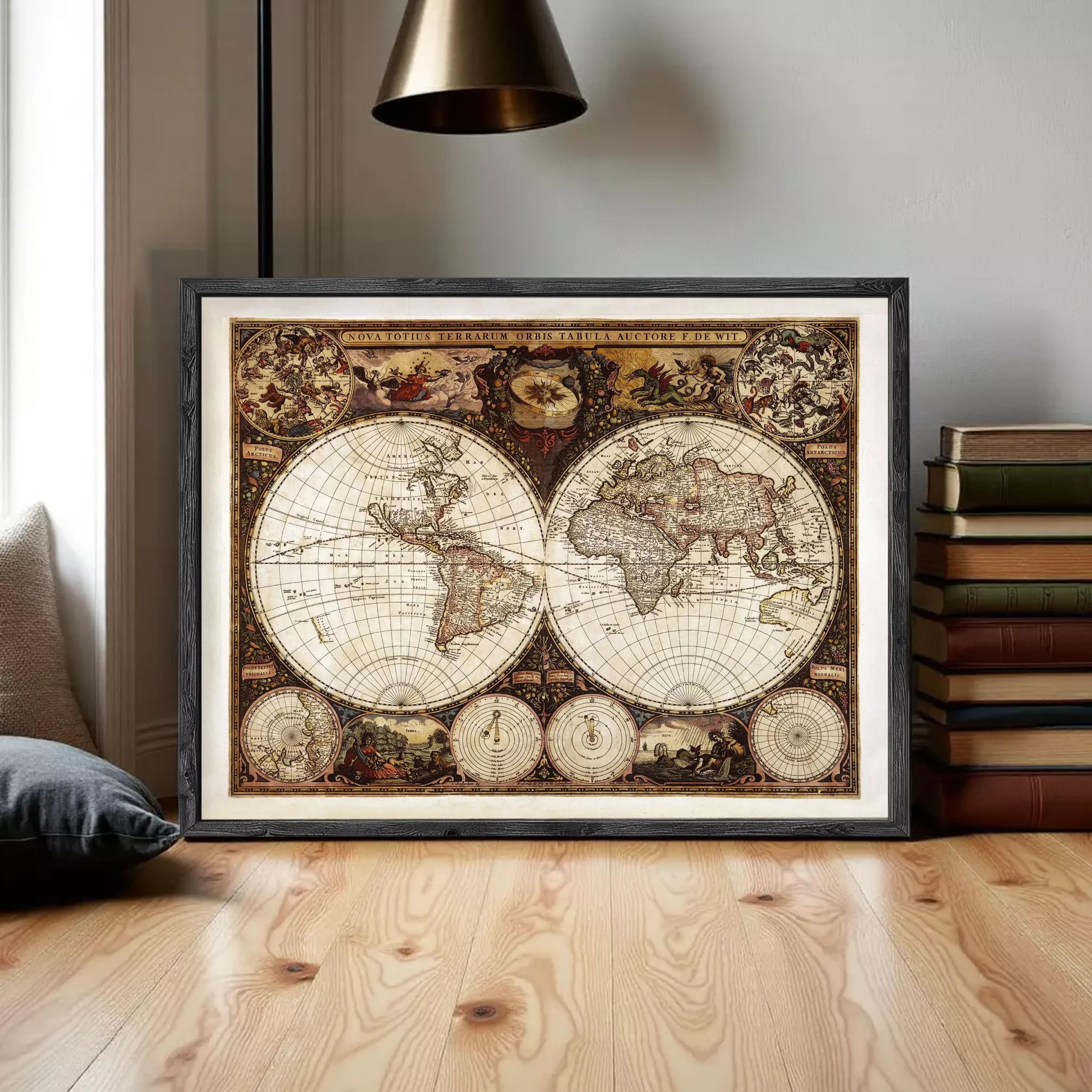 The image is a framed antique map of the world, featuring intricate details and decorative elements.