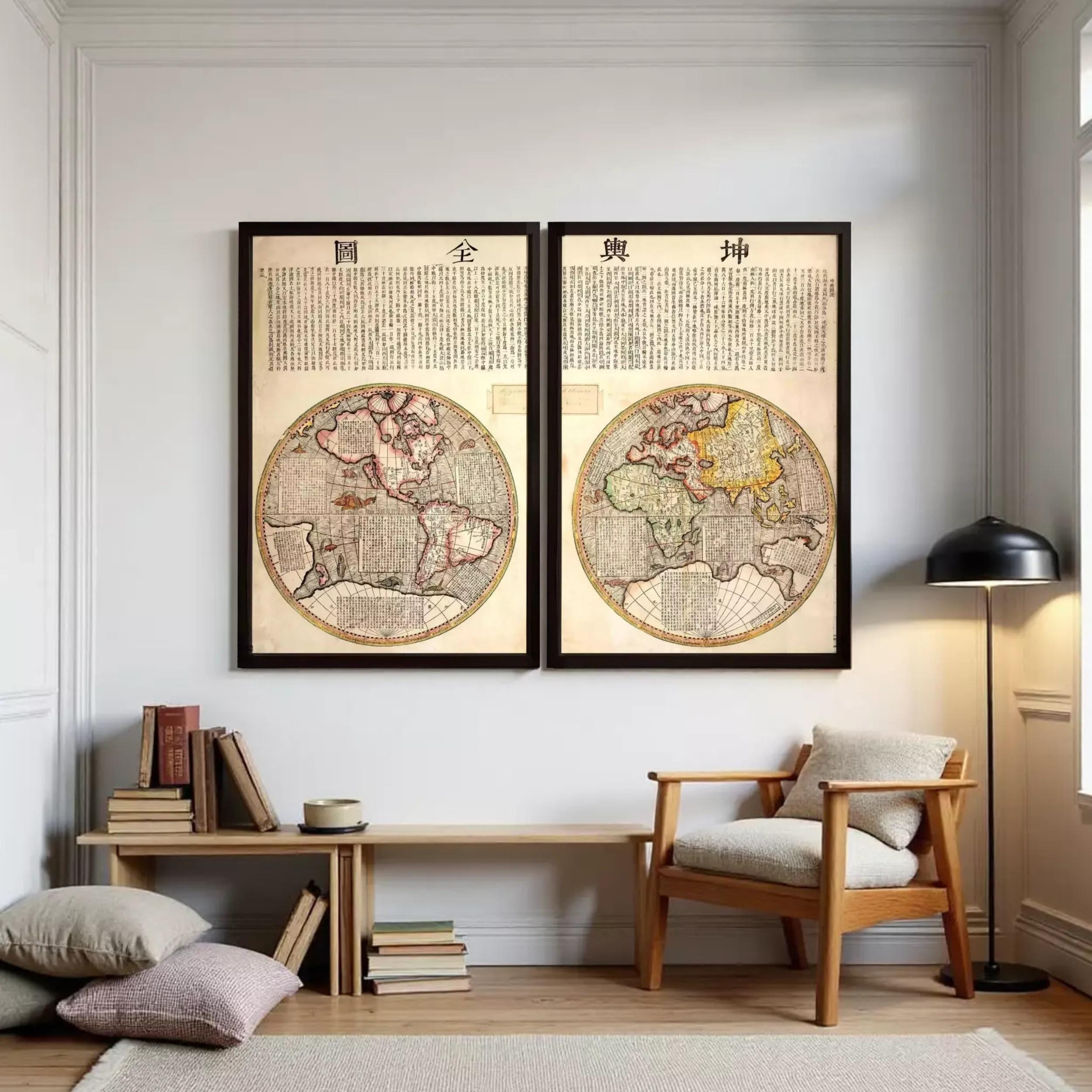 two framed maps of the world, with text in both English and Chinese.