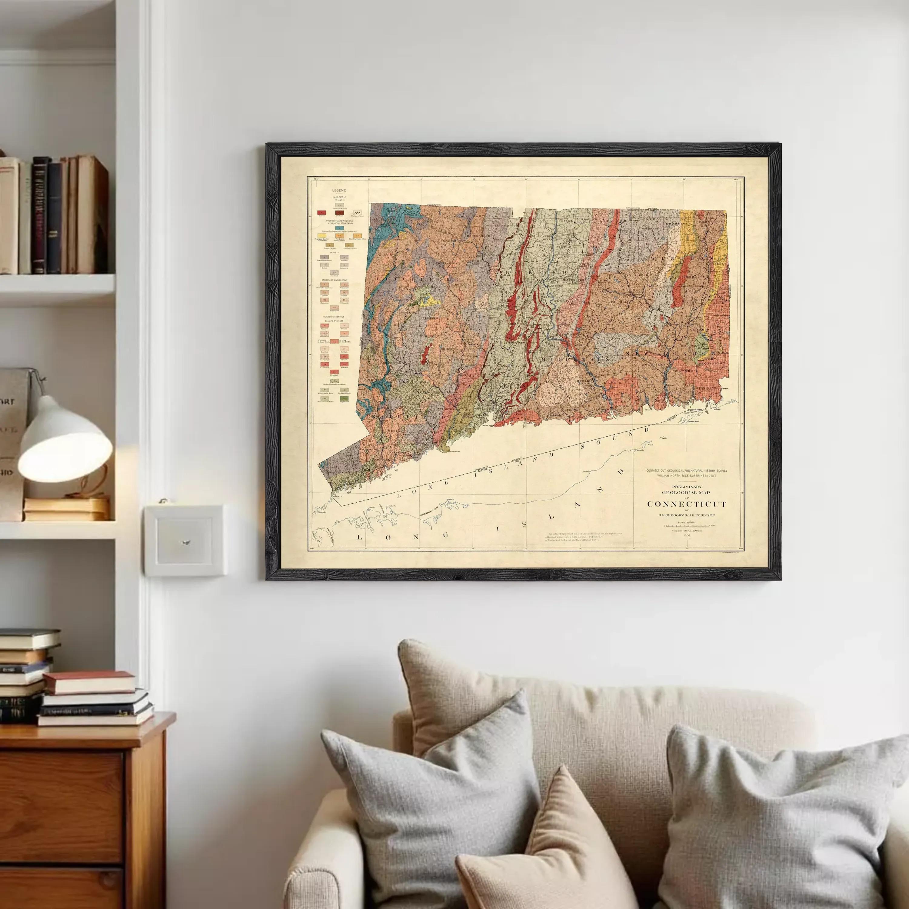 The image is a framed geological map of the state of Connecticut, showing the state's geographical features and boundaries.