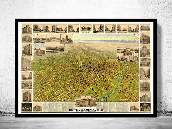 Denver Colorado Old Map Panoramic View 1908 Vintage Map | Vintage Poster Wall Art Print | Wall Map Print | Old Map Print | Map Gift