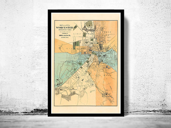 Old Map of Worcester Massachusetts 1877 Vintage Map | Vintage Poster Wall Art Print | Wall Map Print | Old Map Print | Map Gift