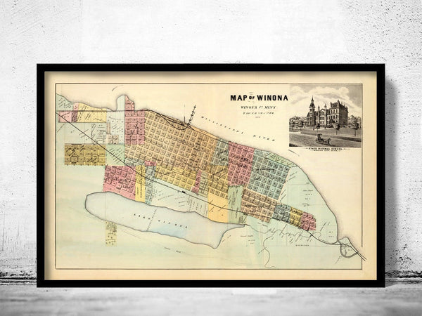 Old map of Winona Minnesota 1874 | Vintage Poster Wall Art Print | | Map Gift | Anniversary gift | Housewarming Gift