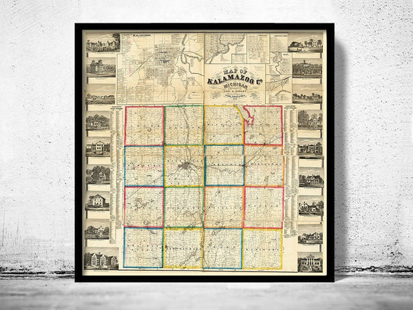 Old Map of Kalamazoo Michigan 1861 Old Map of Kalamazoo City | Vintage Poster Wall Art Print | Wall Map Print | Old Map Print