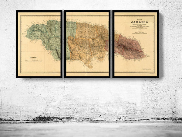 Old Map of Jamaica 1888 Old Map of Jamaica (3 PIECES) | Vintage Poster Wall Art Print | | Map Gift | Anniversary gift | Housewarming Gift