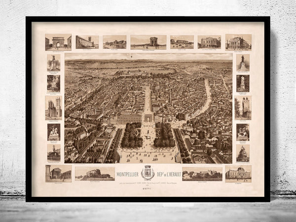 Old Map of Montpellier France 1800 Panoramic View Vintage Map | Vintage Poster Wall Art Print | Wall Map Print | Old Map Print | Map Gift