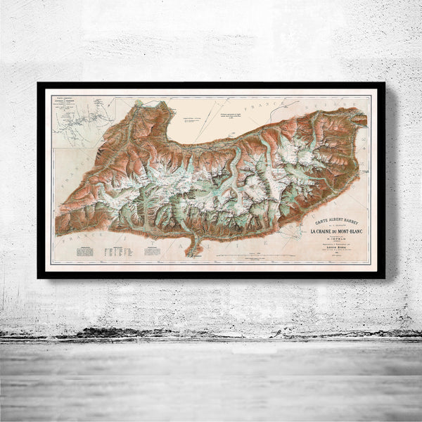 Old Map of Mont Blanc Massif Monte Bianco 1924 Chamonix, Martigny | Vintage Poster Wall Art Print | Wall Map Print | Old Map Print