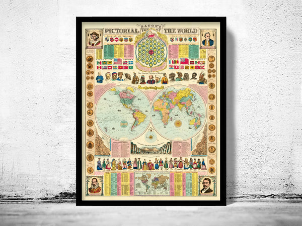 Beautiful World Map 1874 Pictorial Map Vintage Map Population Races Flags| World Map Gift World Map Print | Vintage World Map | Map Gift