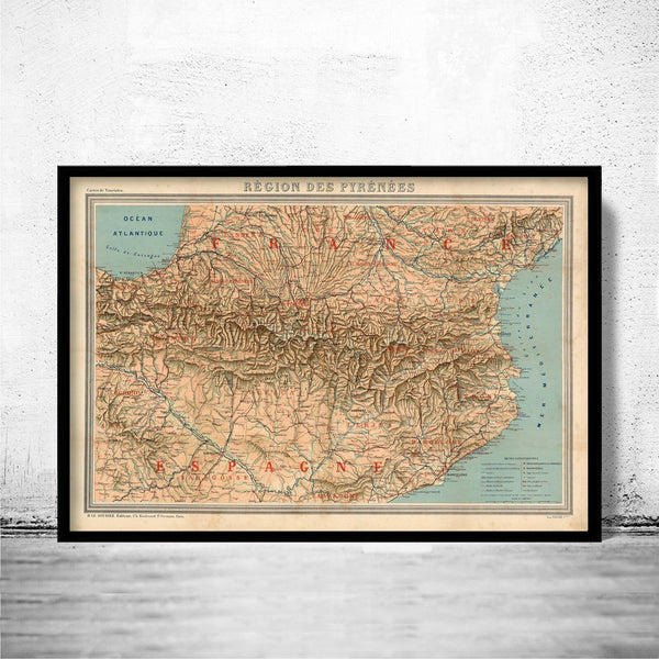 Old Map of Pyrenees Pirineus 1920 France Spain | Vintage Poster Wall Art Print | Wall Map Print | Old Map Print | Map Gift