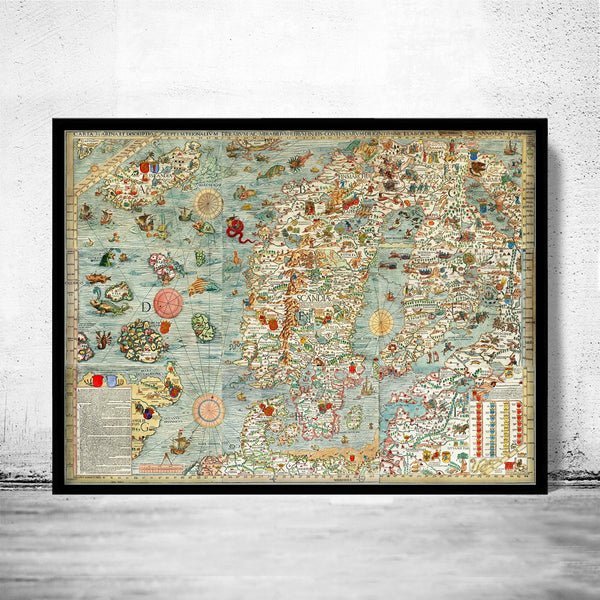 Old Vintage Map of Norway Sweden Scandinavia Antique Norwegen 1529 Olaus Magnus' detailed map of Scandinavia Wall Map Print | | Map Gift