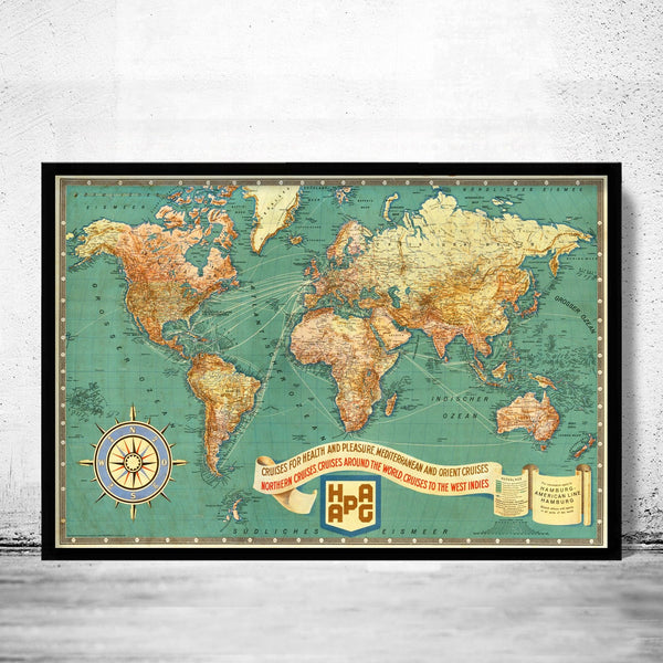 Beautiful Old World Map 1931 Cruises Health Pleasure Hamburg Lines German Airlines | World Map Gift World Map Print | Vintage World Map