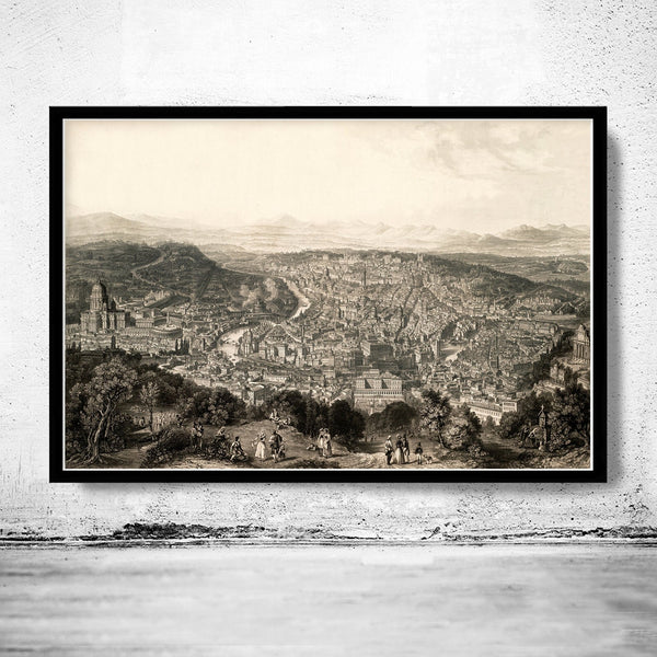 Old Panoramic View of Rome City Engraving Italy 1860 Vatican | Vintage Poster Wall Art Print | Map Gift | Anniversary gift