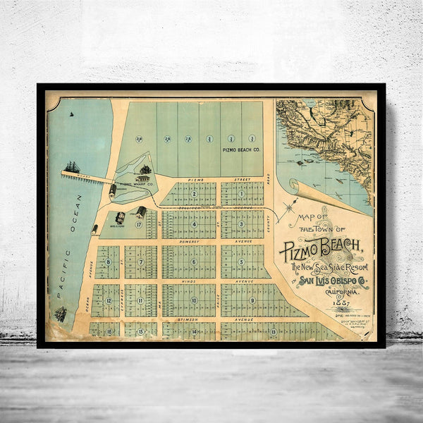 Old Map of Pismo Beach San Luis Obispo 1887 Vintage Map | Vintage Poster Wall Art Print | Wall Map Print | Old Map Print | Map Gift