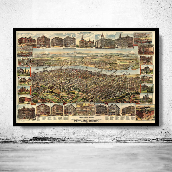 Old Map Portland Oregon 1892 Panoramic View Vintage | Vintage Poster Wall Art Print | Wall Map Print | Old Map Print | Map Gift