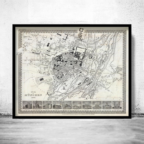 Old Map of Munich Munchen with gravures, Germany Deutshland 1844 Vintage | Vintage Poster Wall Art Print | Wall Map Print | Old Map Print