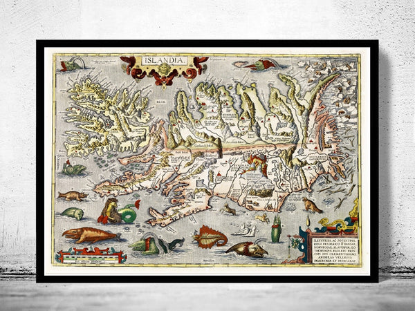 Old Map of Iceland islandia 1542 Island Sea Monsters Vintage Map | Vintage Poster Wall Art Print | Wall Map Print | Old Map Print