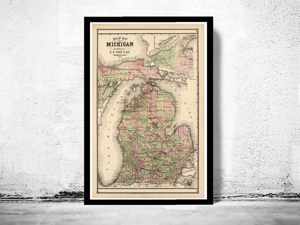 Old vintage map of Michigan 1885 Vintage Map | Vintage Poster Wall Art Print | Wall Map Print | Old Map Print | Map Gift | Anniversary gift