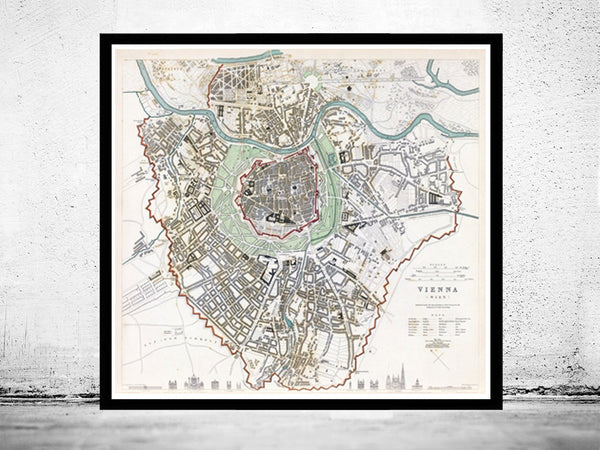 Old Map of Vienna Wien with gravures, Austria 1833 Vintage | Vintage Poster Wall Art Print | Wall Map Print | Old Map Print | Map Gift