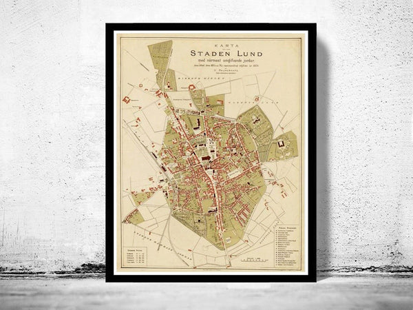 Old Map of Lund Sweden 1875 Vintage Map | Vintage Poster Wall Art Print | Wall Map Print | Old Map Print | Map Gift | Anniversary gift