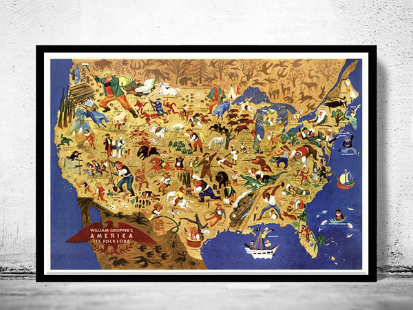 Vintage Map of United States America, its folklore, representing U.S. | Vintage Poster Wall Art Print | Wall Map Print | Old Map Print