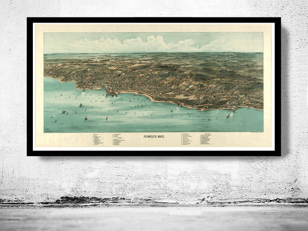 Birdseye View of Plymouth Massachusetts 1910, Panoramic view | Map Gift | Anniversary gift | Housewarming Gift