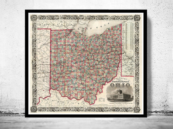 Old Map Ohio State 1860 Vintage Map of Ohio State | Vintage Poster Wall Art Print | Wall Map Print | Old Map Print | Map Gift