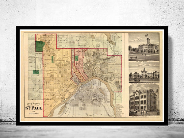 Old map of Saint Paul Minnesota 1874 Vintage Map | Vintage Poster Wall Art Print | Wall Map Print | Old Map Print | Map Gift