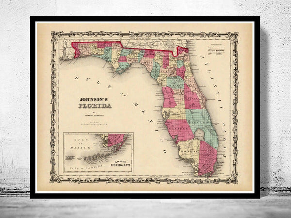 Old Map of Florida 1860 Vintage Map | Vintage Poster Wall Art Print | Wall Map Print | Old Map Print | Map Gift | Anniversary gift