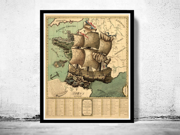 Old Map of France represented under the form of a ship 1796 | Vintage Poster Wall Art Print | Wall Map Print | Old Map Print | Map Gift