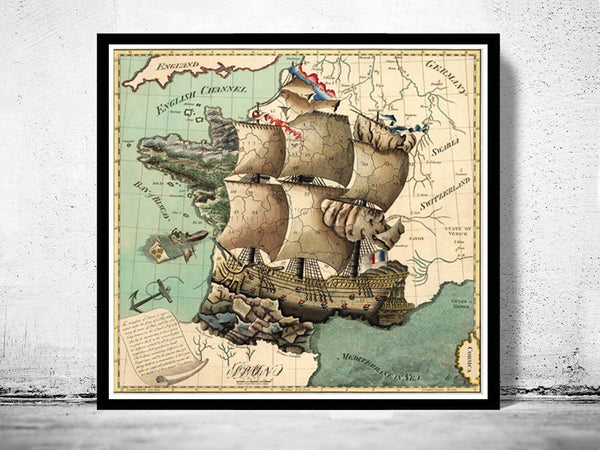 Old Map France Antique The Kingdom of France is represented under the form of a ship 1796 | Vintage Poster Wall Art Print | | Map Gift