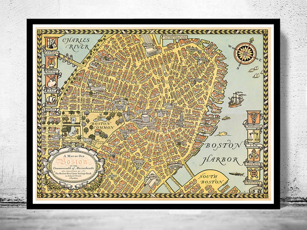 Old Map of Boston 1929 Massachusetts Pictorial Map Vintage Map | Vintage Poster Wall Art Print | Wall Map Print | Old Map Print | Map Gift