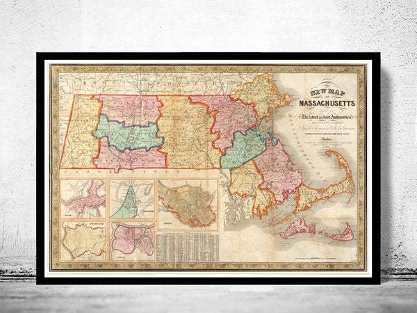 Old Map of Massachusetts State 1839 Boston Salem Worcester, Lowell, Springfield | Vintage Poster Wall Art Print | | Map Gift