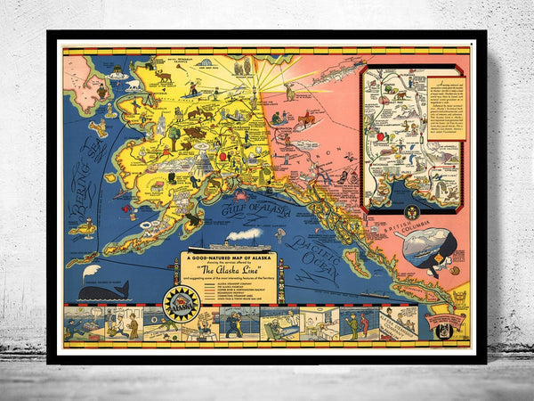 Old Map of Alaska Territory 1934 The Alaska Line | Vintage Poster Wall Art Print | | Map Gift | Anniversary gift | Housewarming Gift