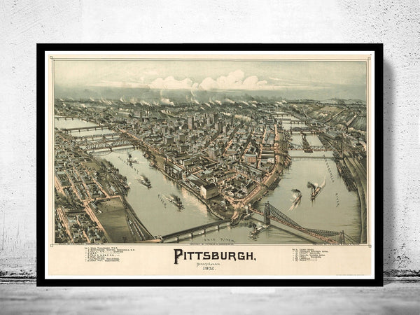 Panoramic View of Pittsburgh Pennsylvania 1902 Vintage Map | Vintage Poster Wall Art Print | | Map Gift | Anniversary gift