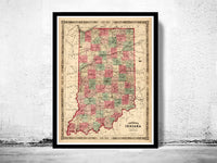 Old Map Indiana State 1864 United States of America | Vintage Poster Wall Art Print | Wall Map Print | Old Map Print | Map Gift