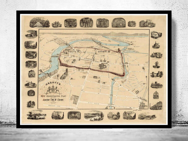 Old Map of Chester ancient City Gales UK Wall Map Print | Old Map Print | Map Gift | Anniversary gift | Housewarming Gift