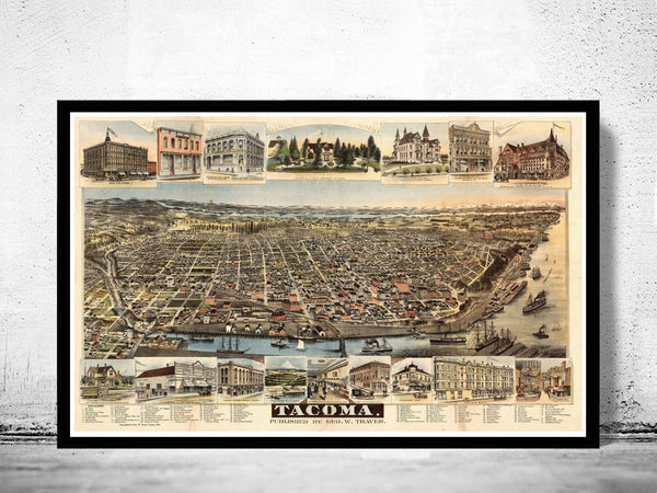 Old Map Tacoma Washington Panoramic View 1890 Vintage Gravure | Vintage Poster Wall Art Print | | Map Gift | Anniversary gift