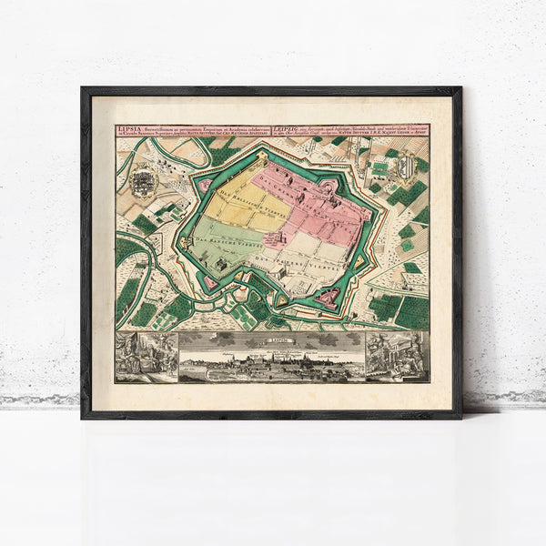 Old Map of Leipzig with gravures , Germany Deutshland 1735 | Vintage Map Wall Art Print