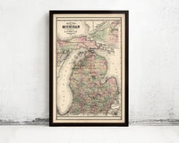 Old vintage map of Michigan 1885 Vintage Map | Vintage Map Wall Art Print
