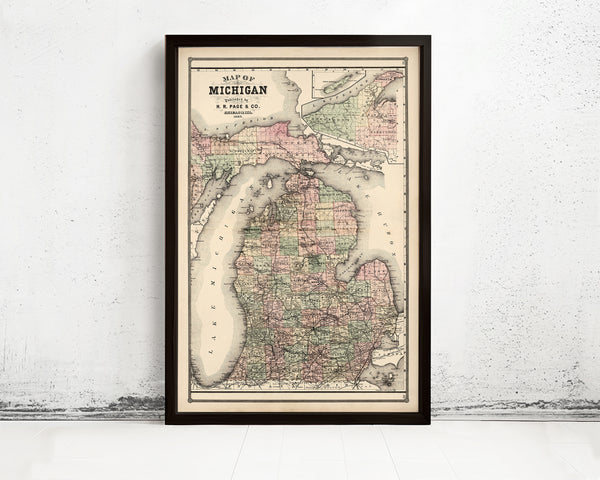 Old vintage map of Michigan 1885 Vintage Map | Vintage Map Wall Art Print