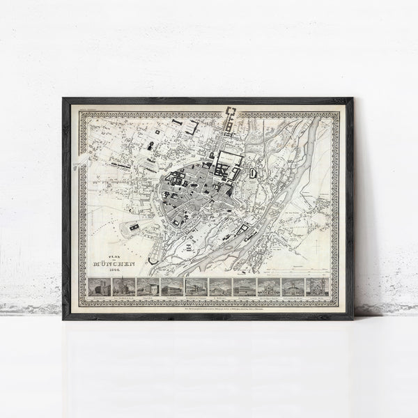 Old Map of Munich Munchen with gravures, Germany Deutshland 1844 Vintage | Vintage Map Wall Art Print | Large Map Print